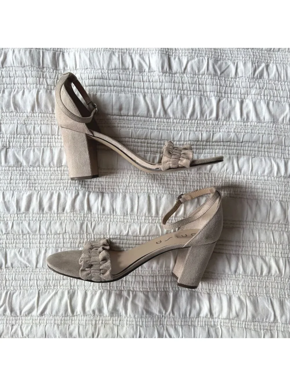 Unisa Taupe Ruffle Ankle Strap Block Heel Sandals Size 9M